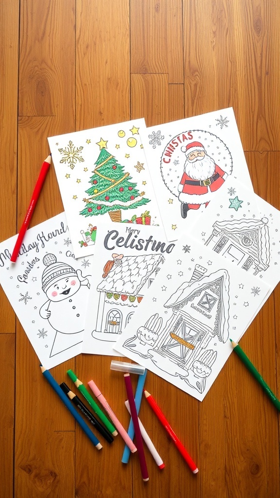 A variety of Christmas coloring pages including trees, Santa, and ornaments on a wooden table with coloring supplies.